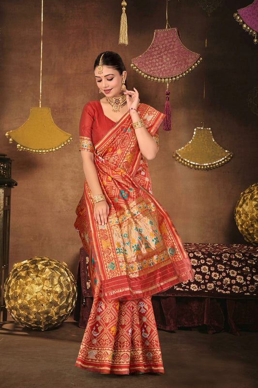 Red Silk Woven Patola Saree — pallu spread open