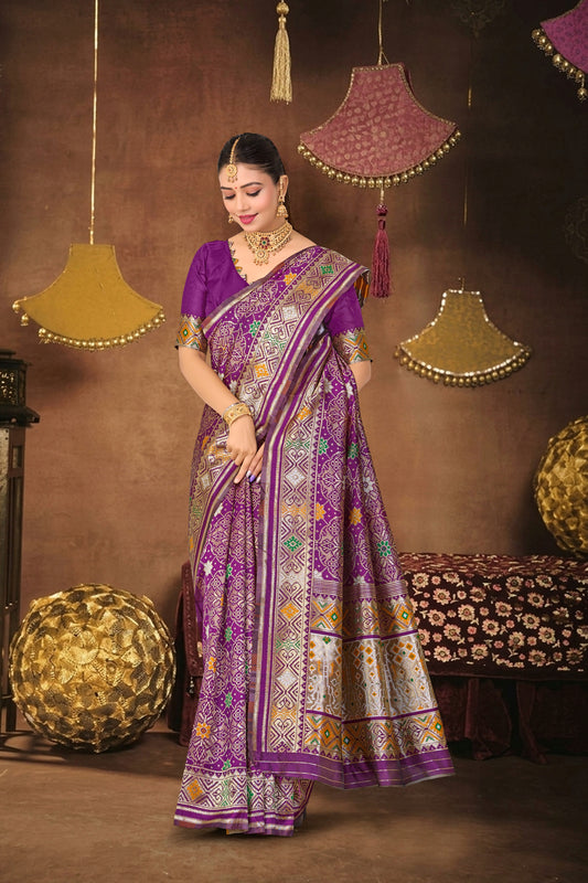 Wine Silk Woven Patola Saree — pallu spread open