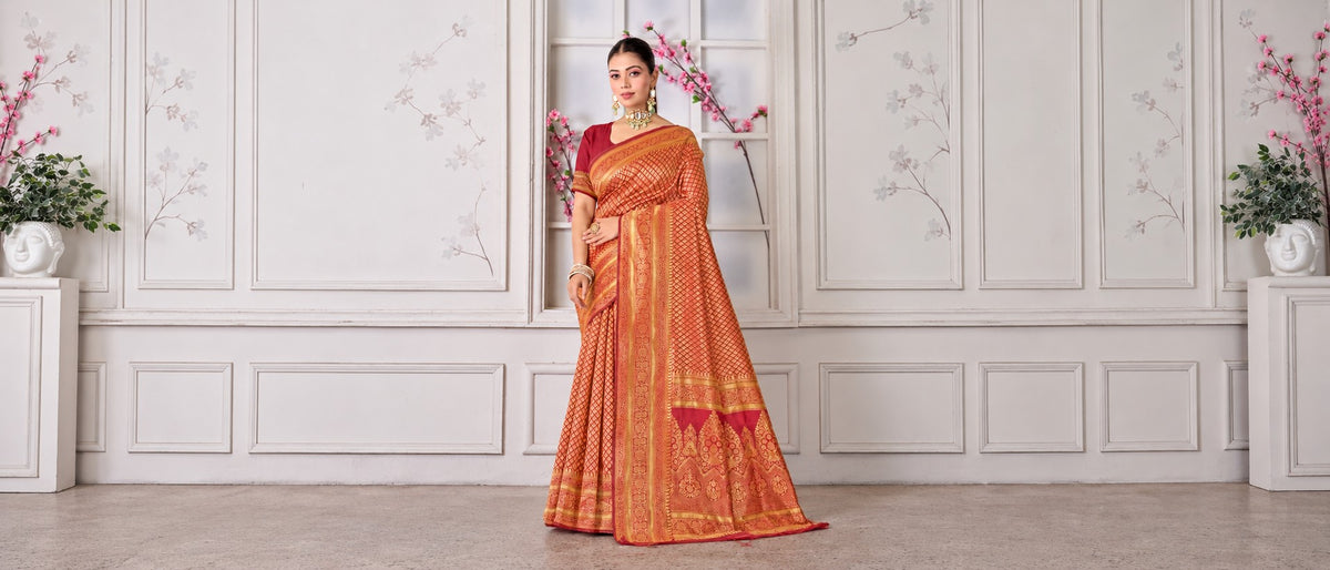 Maroon silk woven Banarasi saree