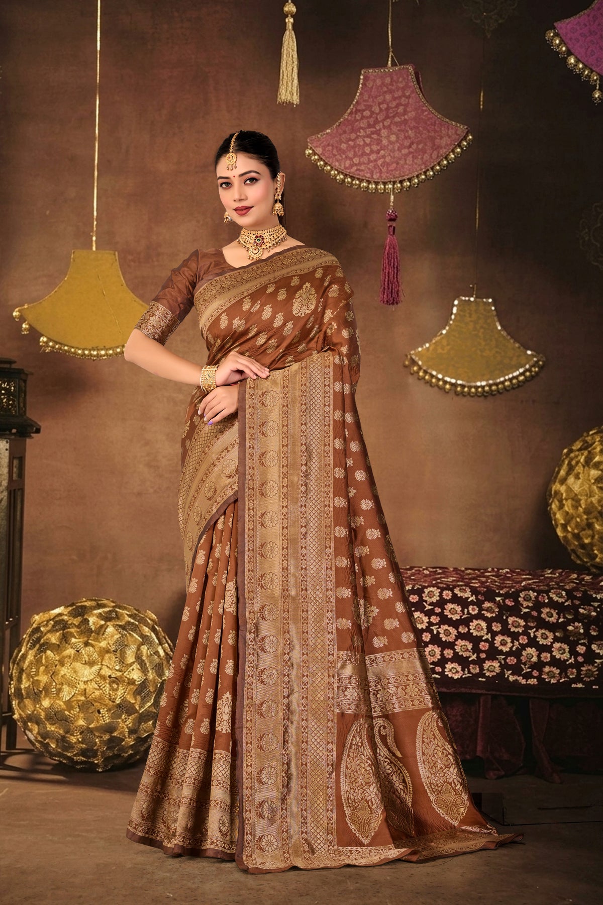 Brown Silk Woven Banarasi Saree — full drape, front view