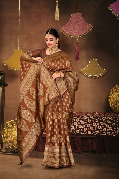 Brown Silk Woven Banarasi Saree — pallu spread open