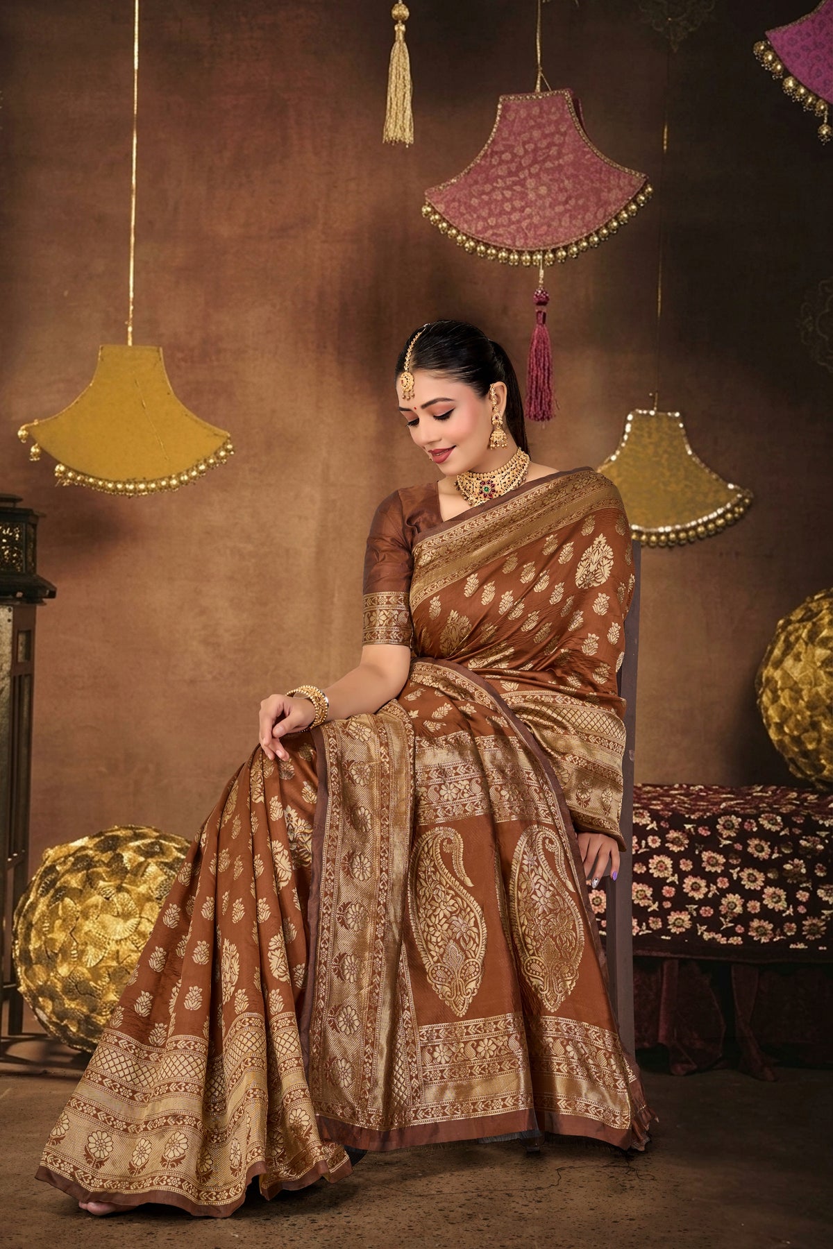 Brown Silk Woven Banarasi Saree — seated drape