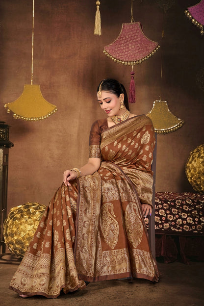 Brown Silk Woven Banarasi Saree — seated drape