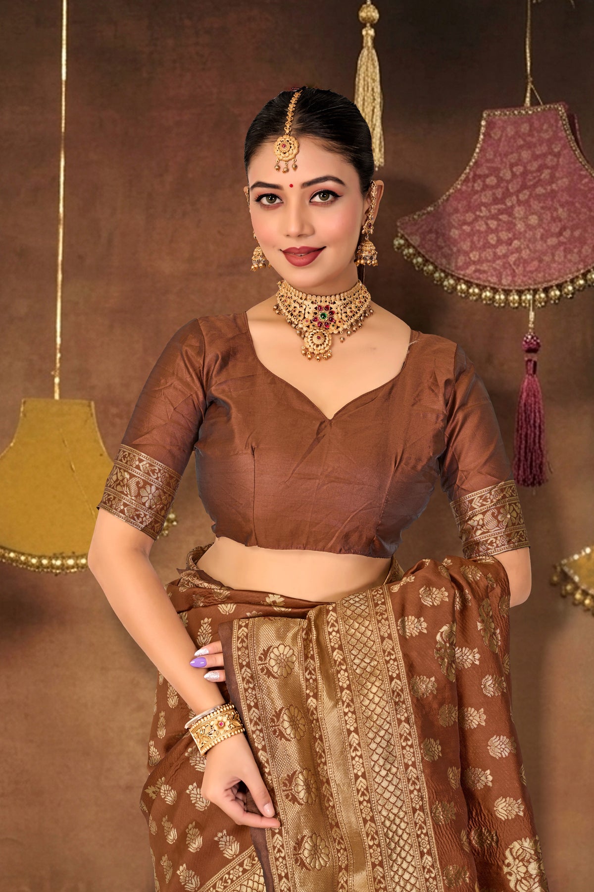 Brown Silk Woven Banarasi Saree — blouse and border, close-up