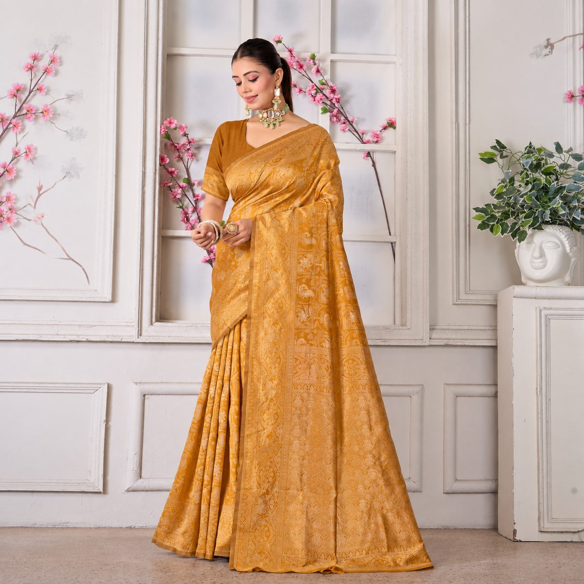 Mustard silk woven Banarasi saree