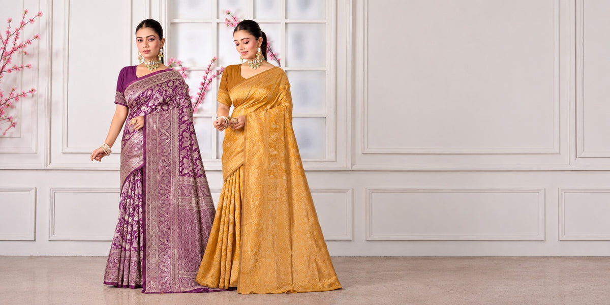 Two looks: wine and mustard silk woven Banarasi sarees