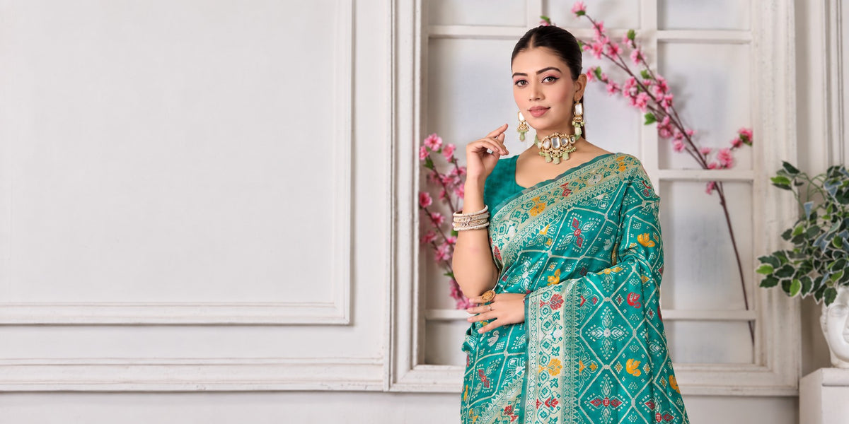 Turquoise silk woven Patola saree, closer view