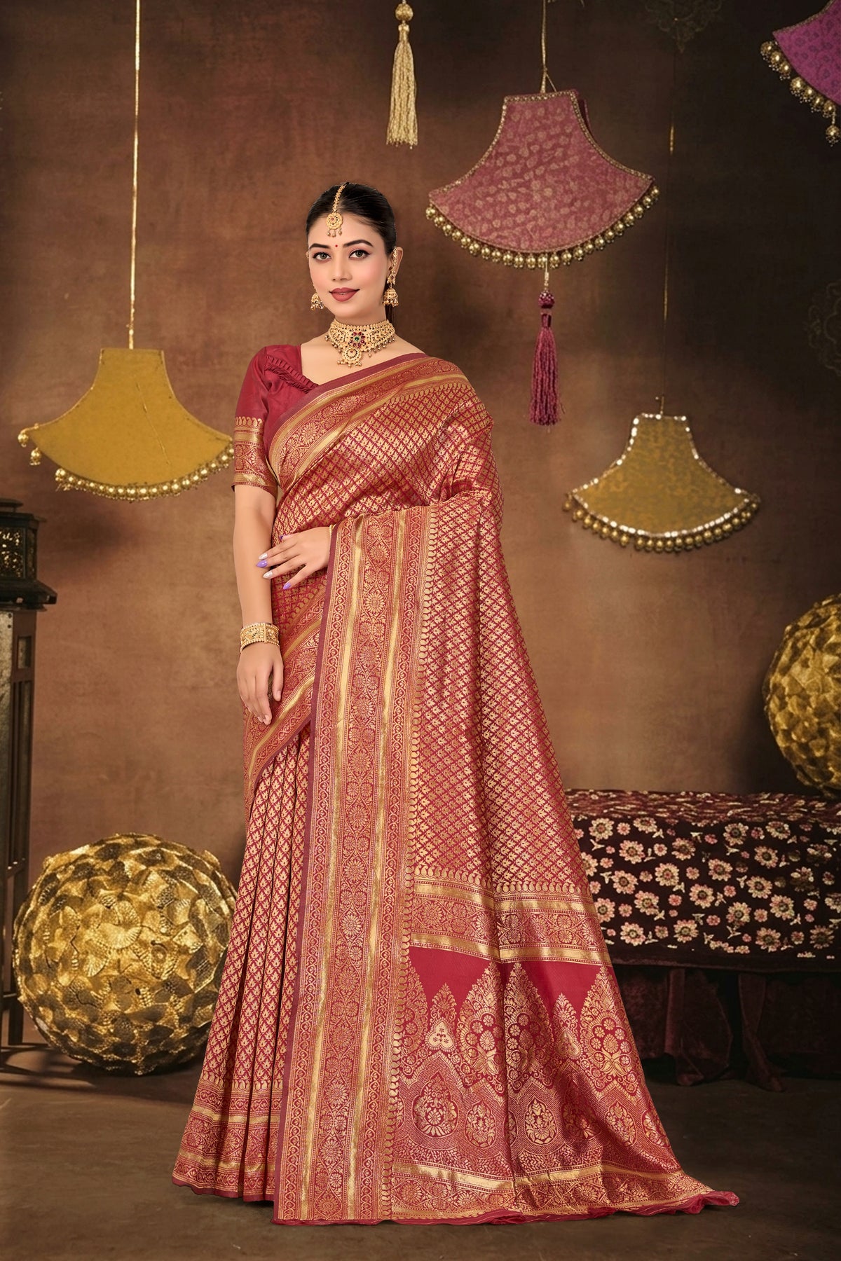 Maroon Silk Woven Banarasi Saree — full drape, front view