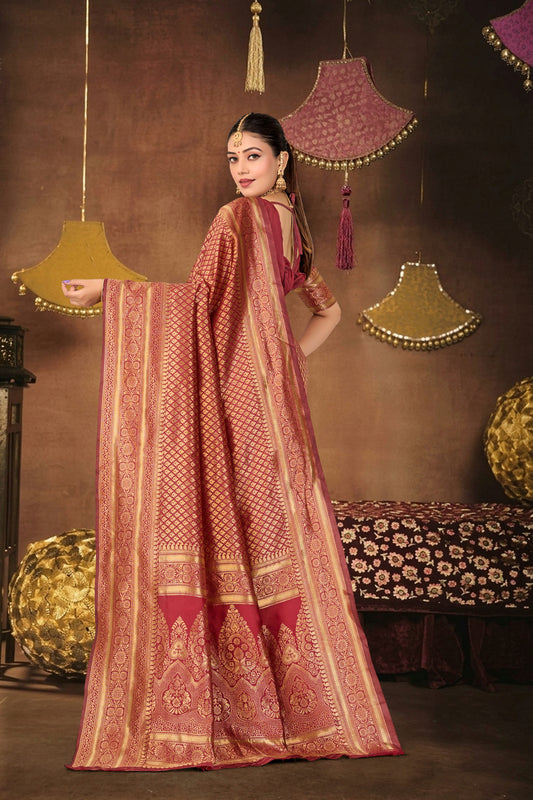 Maroon Silk Woven Banarasi Saree — pallu spread open