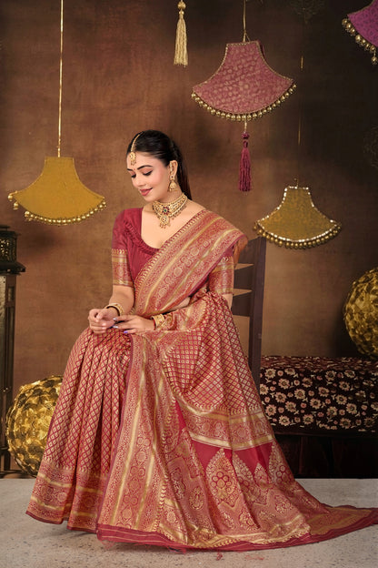 Maroon Silk Woven Banarasi Saree — seated drape