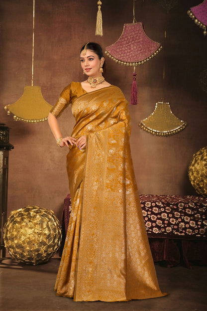 Mustard Silk Woven Banarasi Saree — full drape, front view