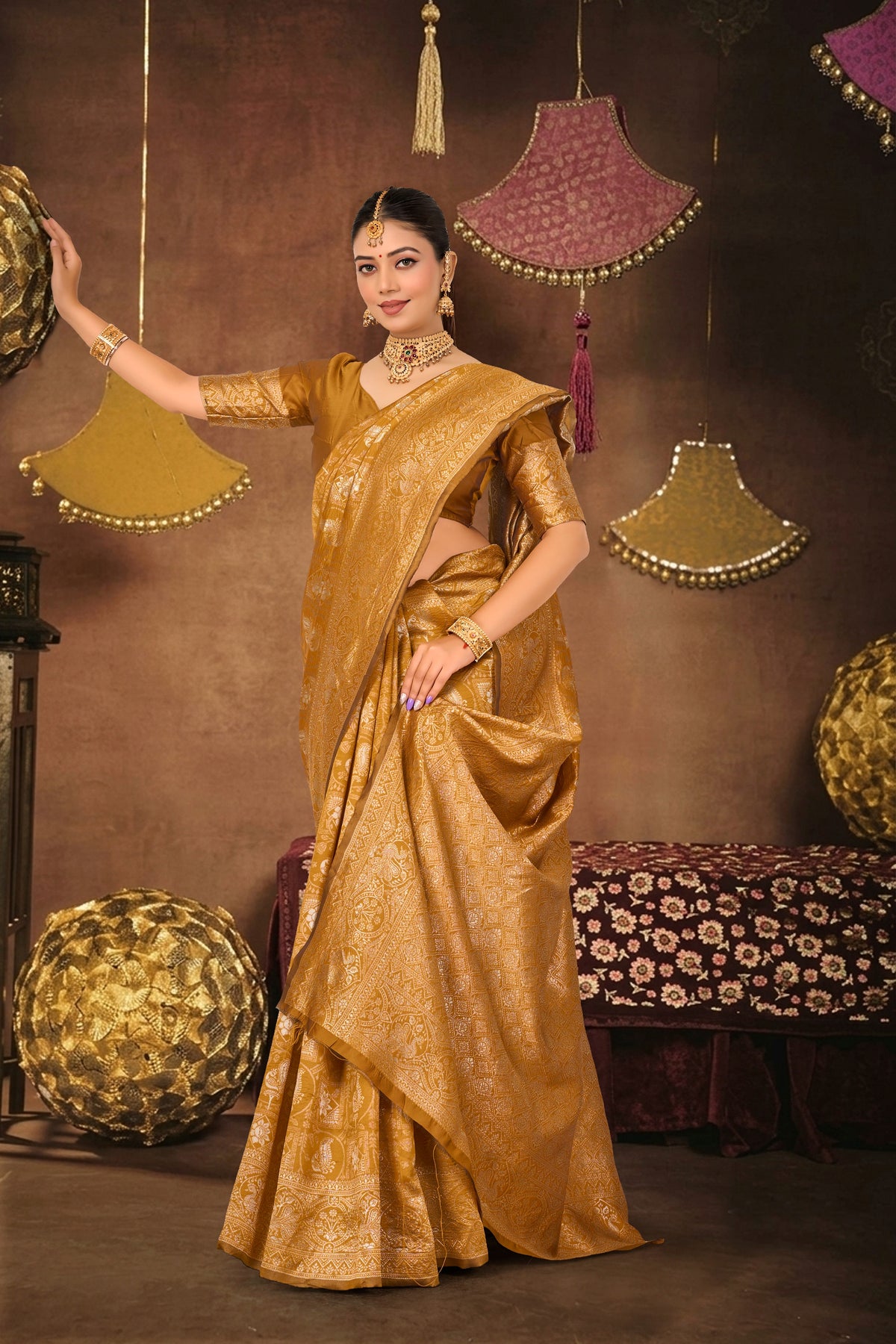 Mustard Silk Woven Banarasi Saree — pallu spread open