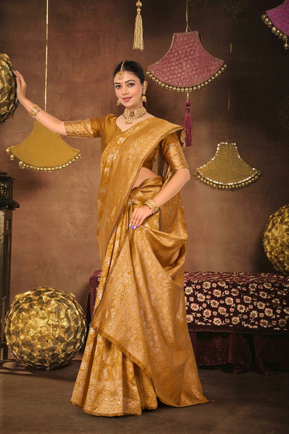 Mustard Silk Woven Banarasi Saree — pallu spread open