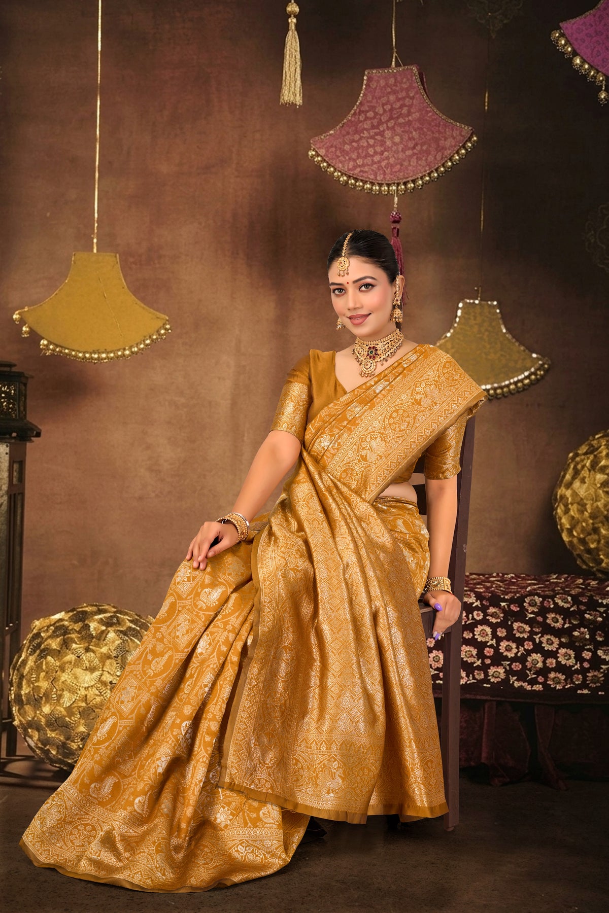Mustard Silk Woven Banarasi Saree — seated drape