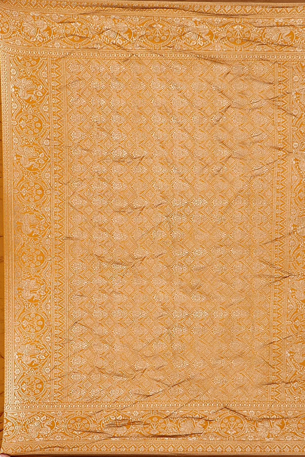 Mustard Silk Woven Banarasi Saree — fabric weave, close-up