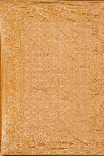 Mustard Silk Woven Banarasi Saree — fabric weave, close-up