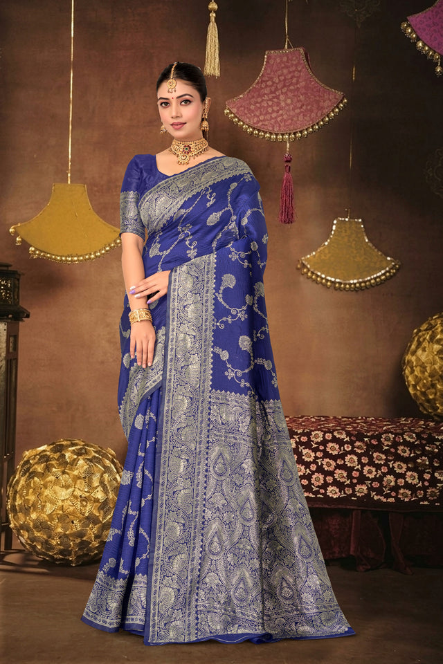 Navy Blue Silk Woven Banarasi Saree