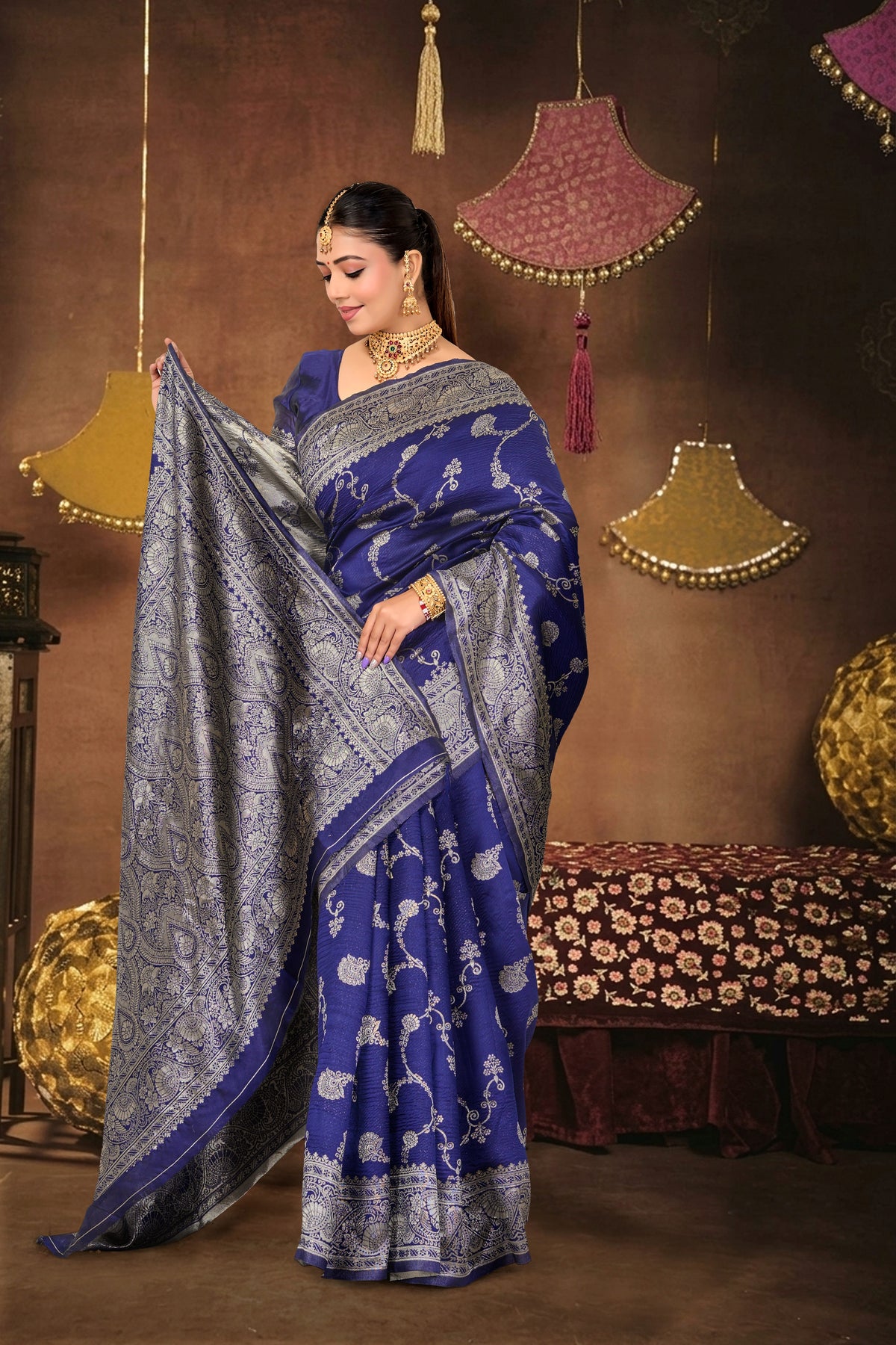 Navy Blue Silk Woven Banarasi Saree — pallu spread open