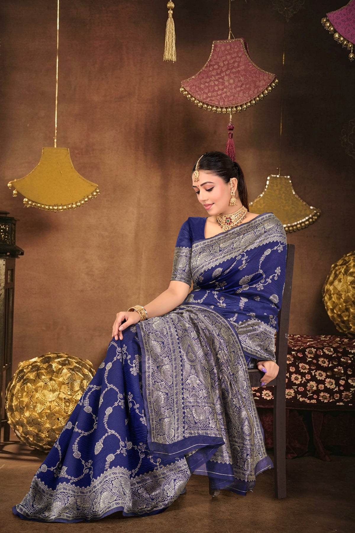 Navy Blue Silk Woven Banarasi Saree — seated drape