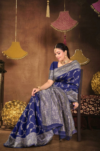 Navy Blue Silk Woven Banarasi Saree — seated drape