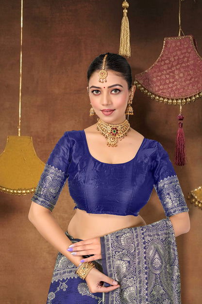 Navy Blue Silk Woven Banarasi Saree — blouse and border, close-up