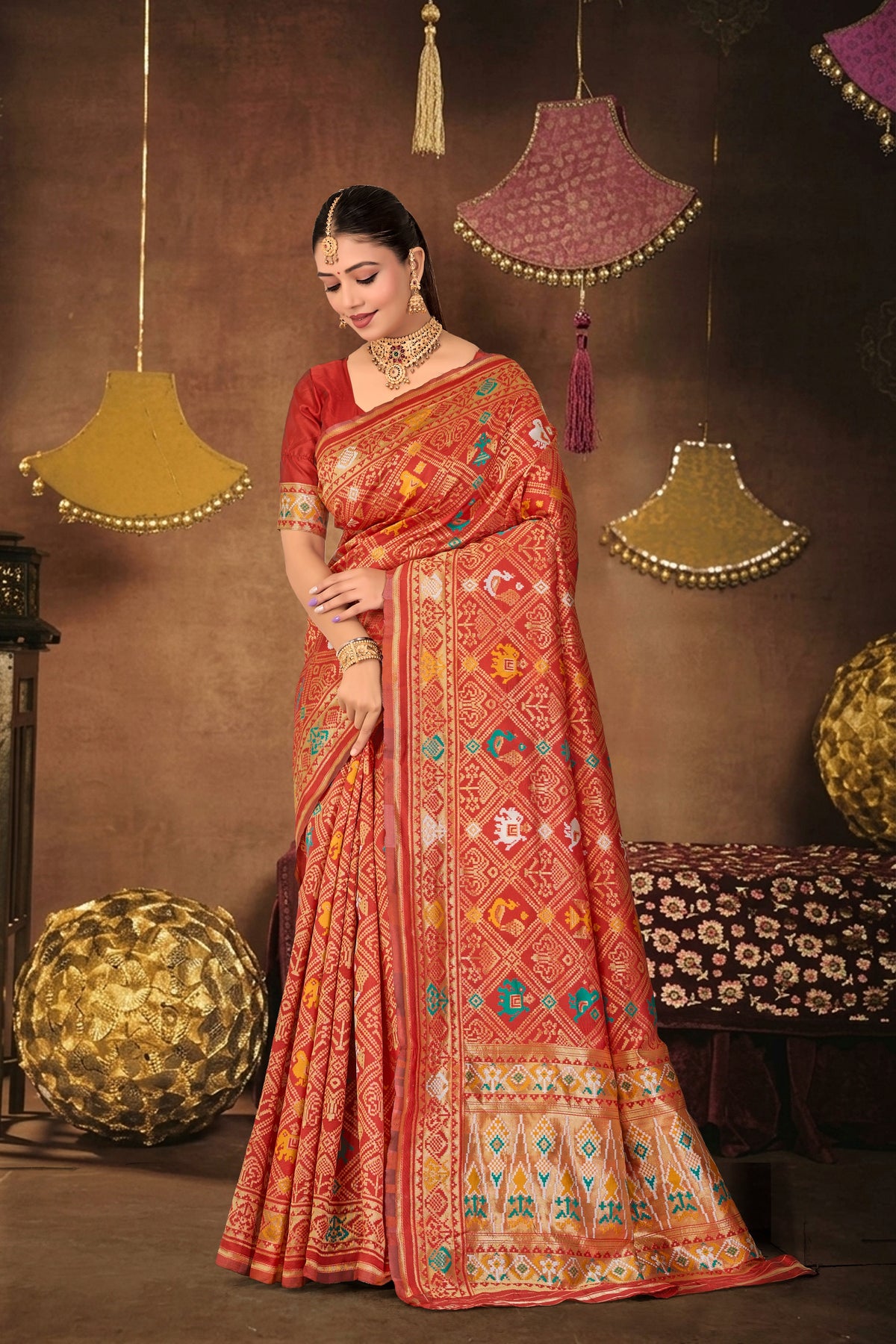 Red Silk Woven Patola Saree — full drape, front view