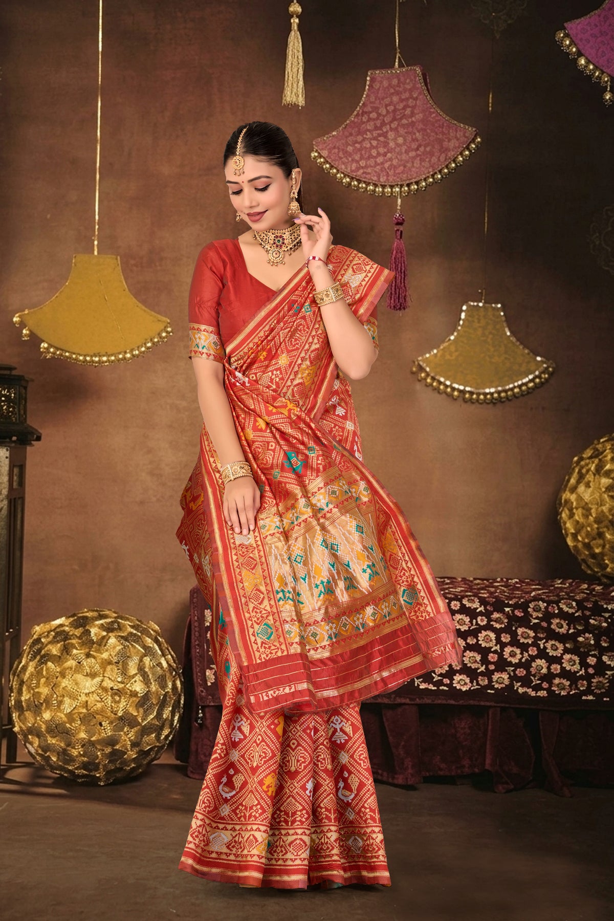 Red Silk Woven Patola Saree — pallu spread open