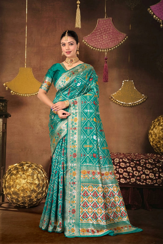 Turquoise Silk Woven Patola Saree — full drape, front view