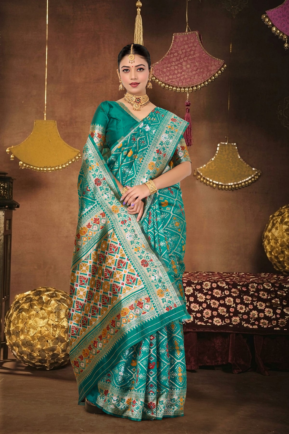 Turquoise Silk Woven Patola Saree — pallu spread open