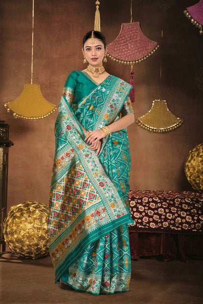 Turquoise Silk Woven Patola Saree — pallu spread open
