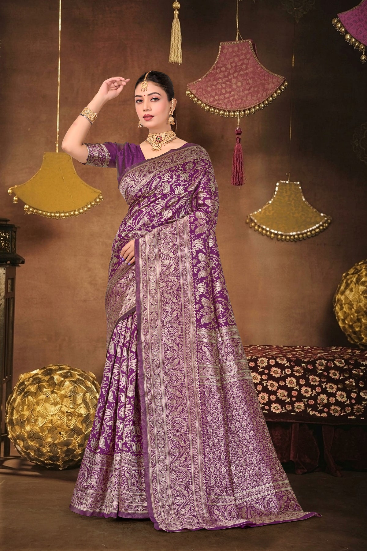 Wine Silk Woven Banarasi Saree — full drape, front view