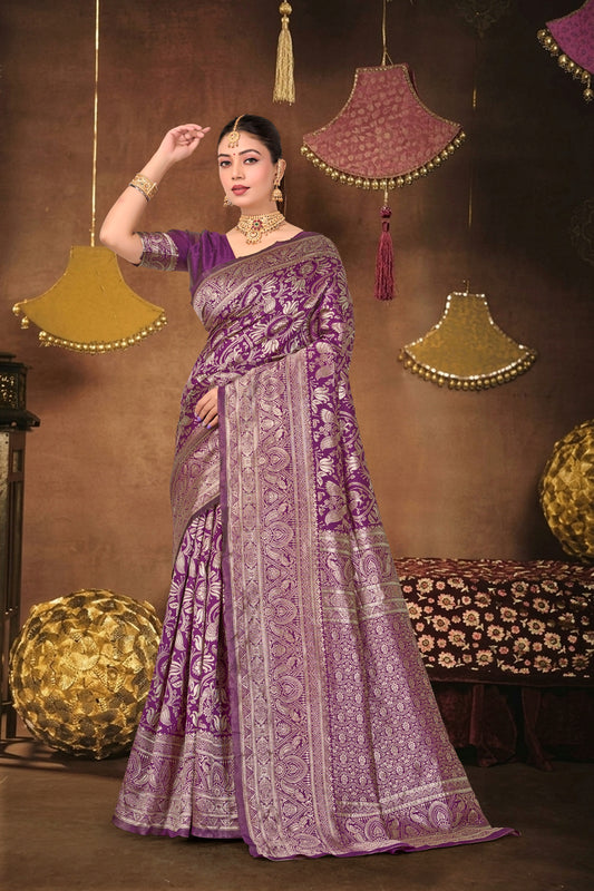 Wine Silk Woven Banarasi Saree — full drape, front view