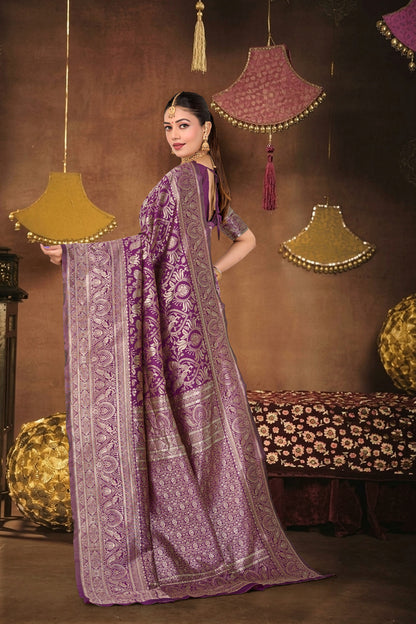 Wine Silk Woven Banarasi Saree — pallu spread open