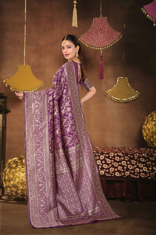 Wine Silk Woven Banarasi Saree — pallu spread open