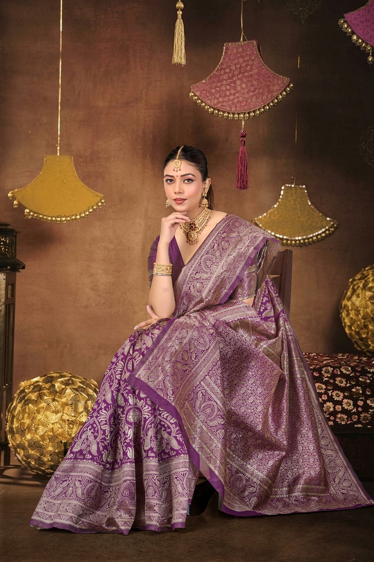 Wine Silk Woven Banarasi Saree — seated drape