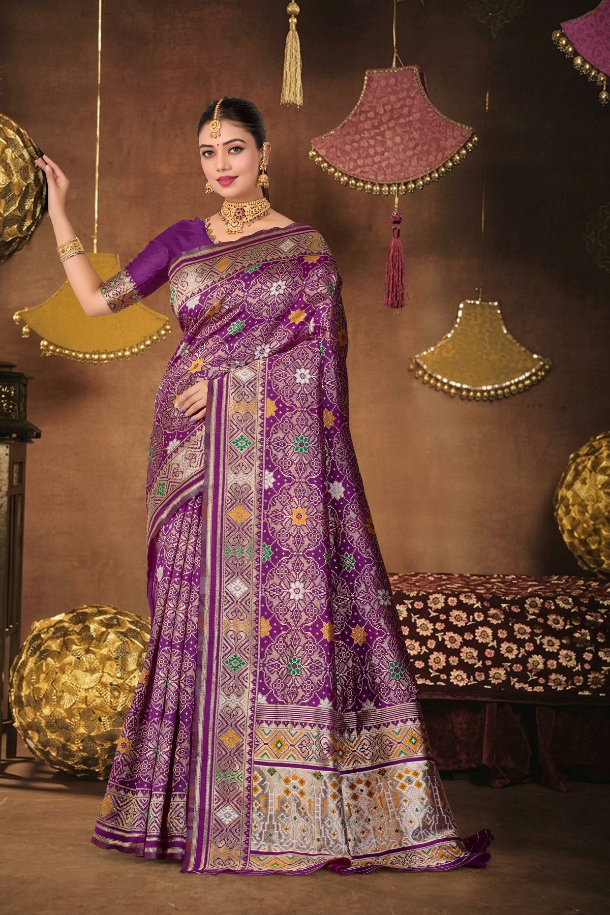 Wine Silk Woven Patola Saree — full drape, front view