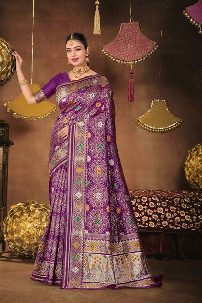 Wine Silk Woven Patola Saree — full drape, front view
