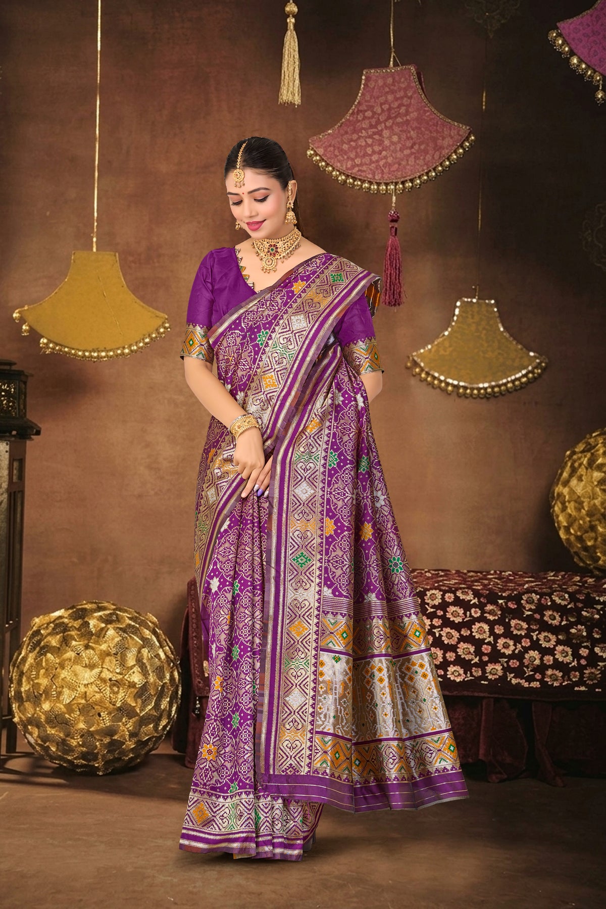 Wine Silk Woven Patola Saree — pallu spread open
