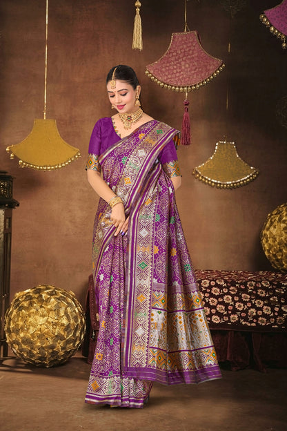 Wine Silk Woven Patola Saree — pallu spread open