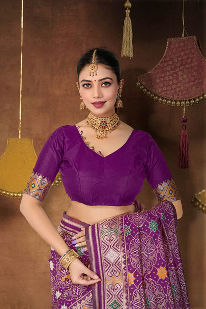 Wine Silk Woven Patola Saree — blouse and border, close-up
